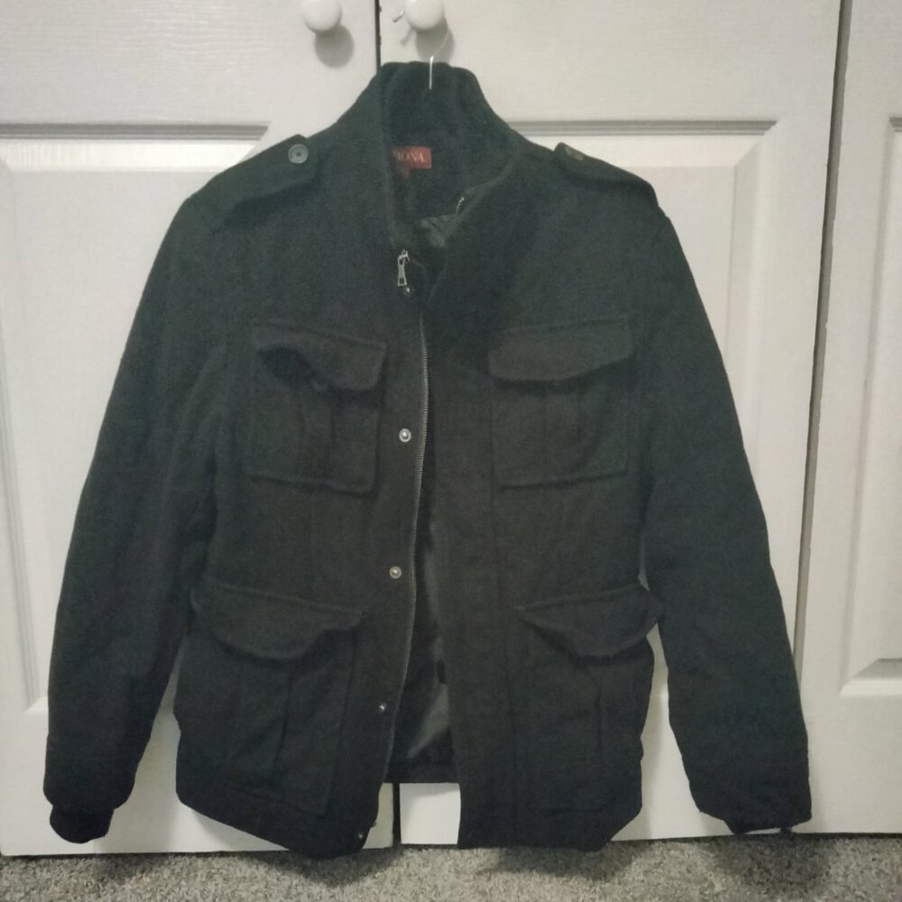 Men Jacket Coat Military Peacoat Black Small Wool